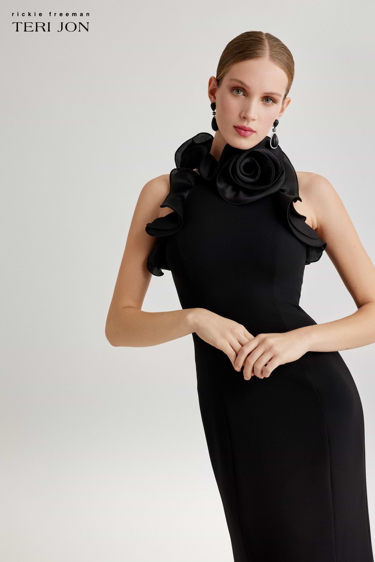Teri Jon Stretch Crepe Ruffled Halter Gown Size 14