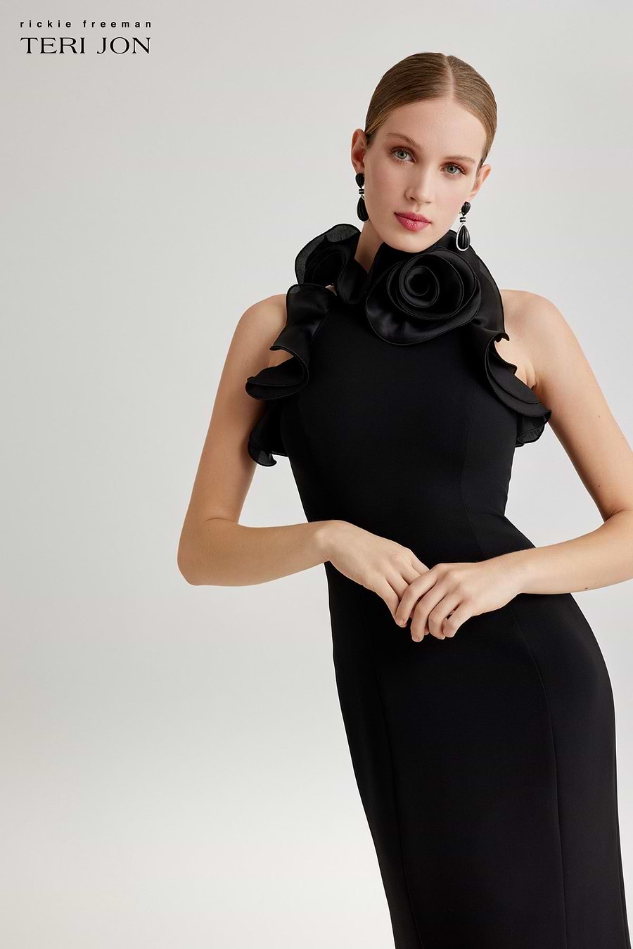 Teri Jon Stretch Crepe Ruffled Halter Gown Size 14
