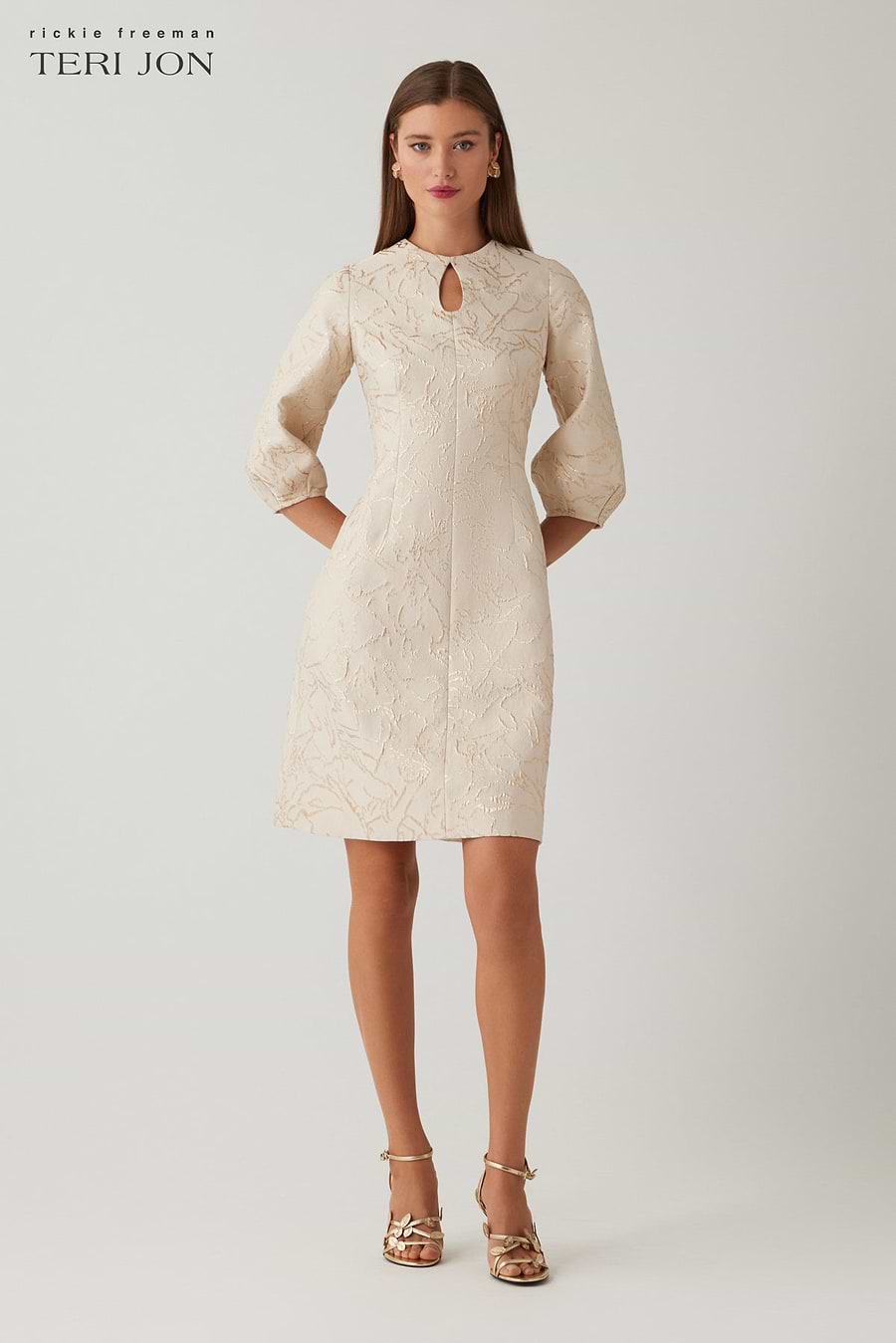 Metallic Jacquard Key Hole 3/4 Sleeve Dress
