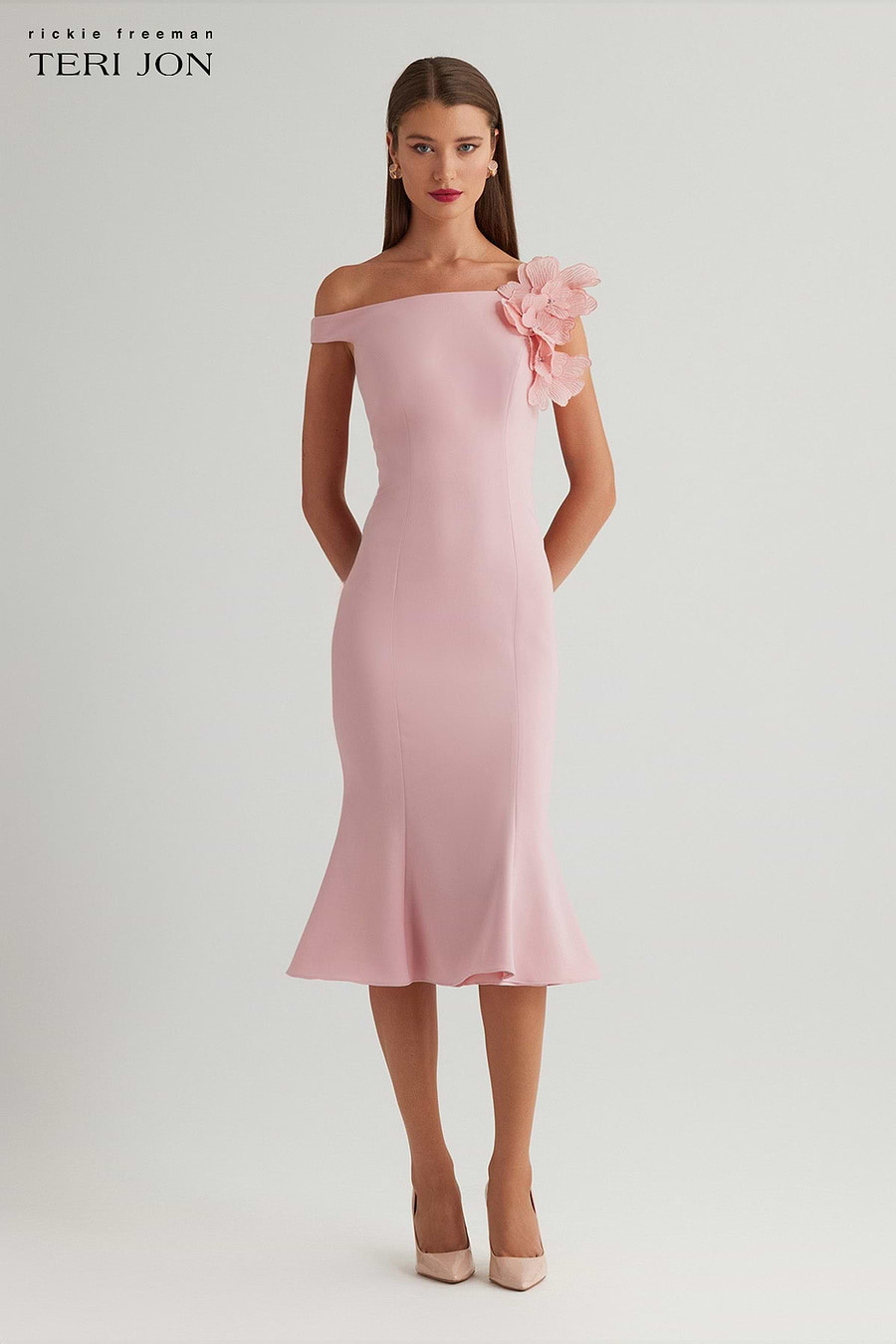 Crepe Off Shoulder Trumpet Hem Dress