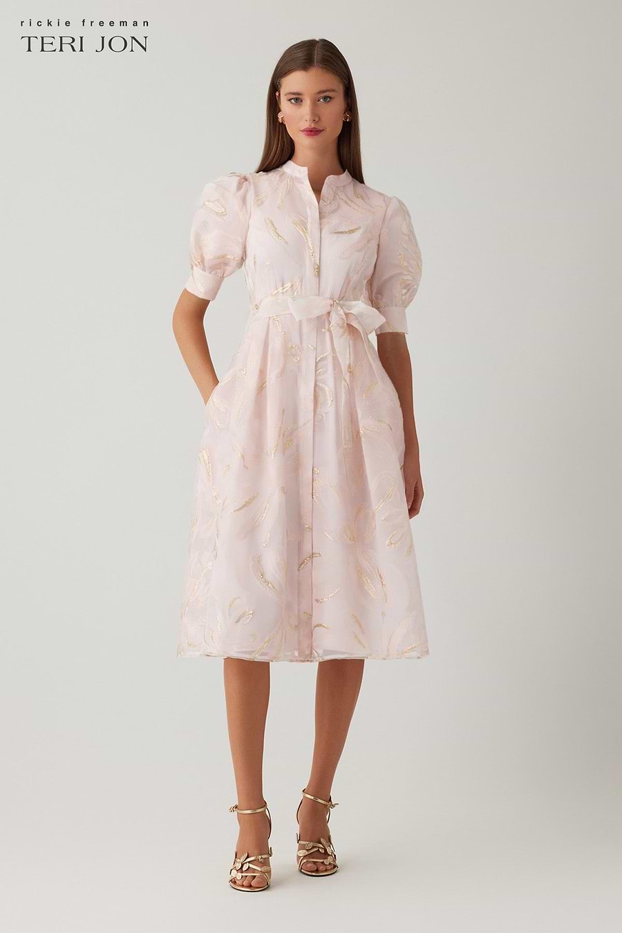 Teri Jon By Rickie Freeman Women's Metallic Organza Mandarin Collar Dress - Pink - Size 10