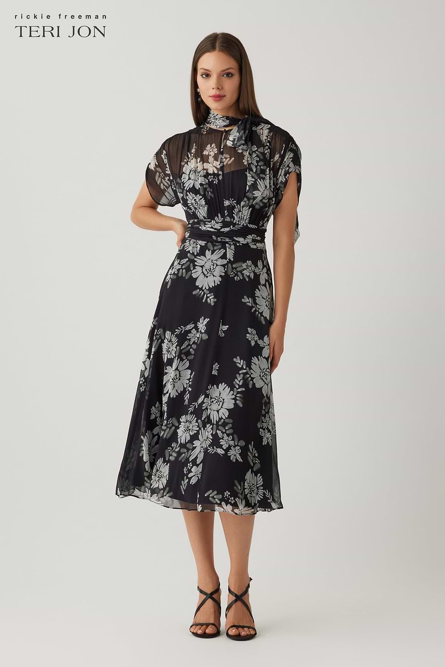 Teri Jon Chiffon Tie Neck Print Smock Shoulder Dress Size 0