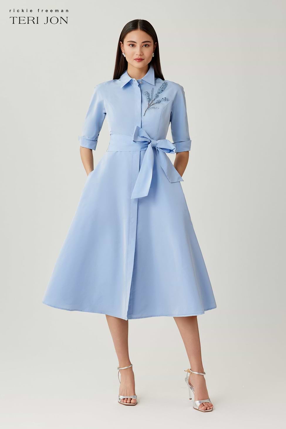 Teri Jon by Rickie Freeman Women's Taffeta Beaded Midi-Shirtdress - Periwinkle