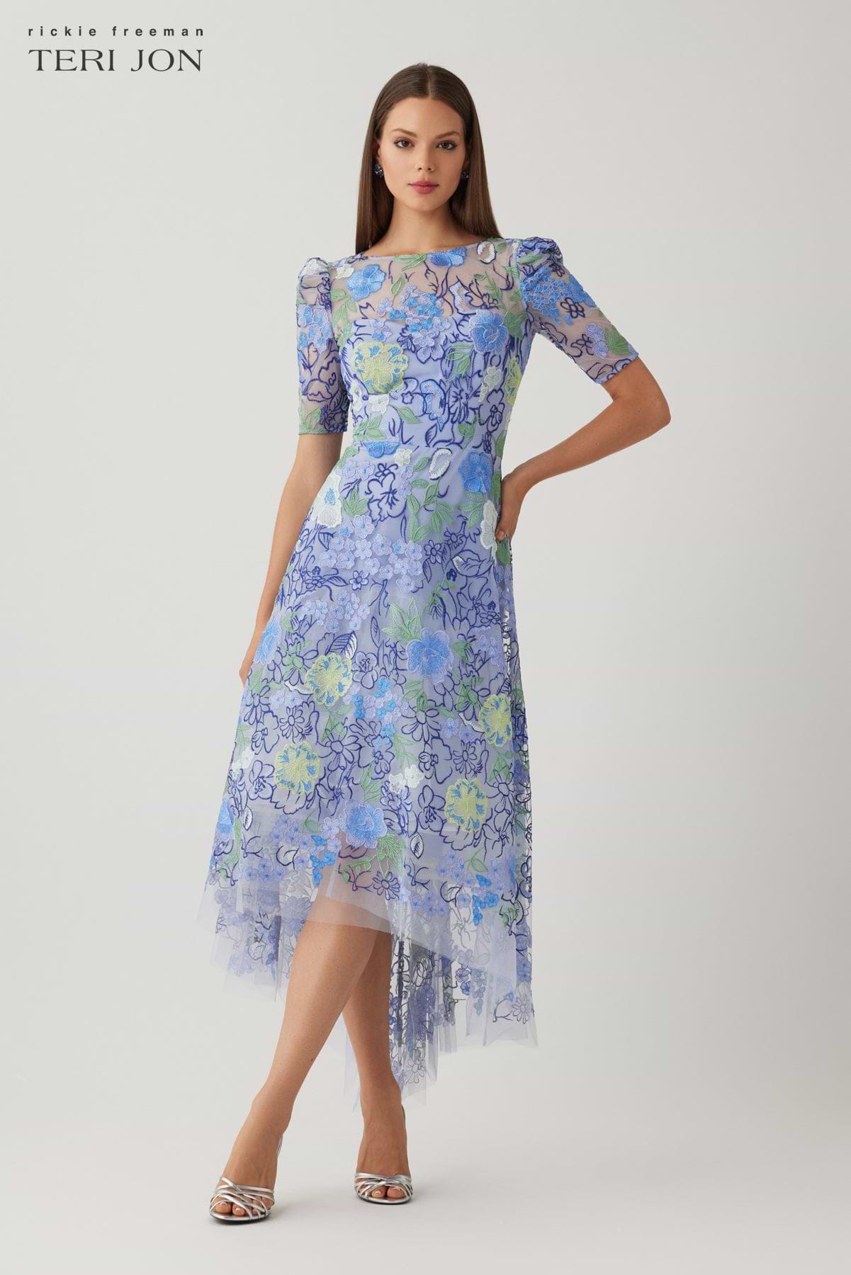 Teri Jon Embroidred Tulle Floral High Low Hem Dress Size 10