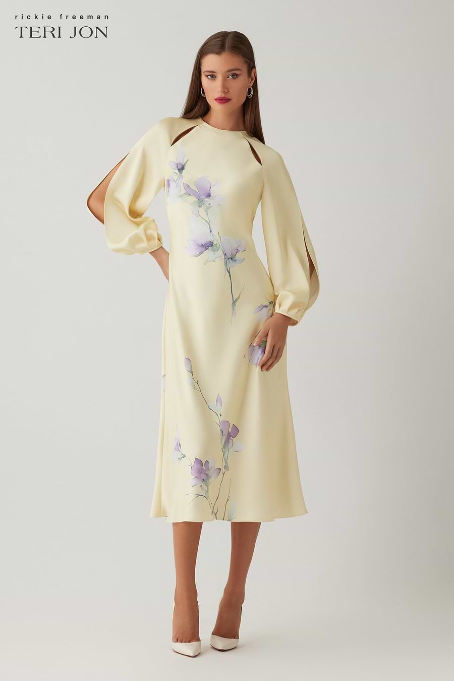Teri Jon Crepe Satin Long Sleeve Floral Print Dress Size 8