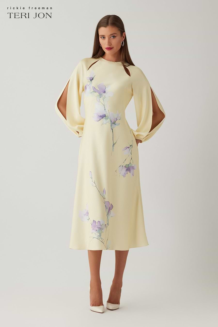Teri Jon Crepe Satin Long Sleeve Floral Print Dress Size 8