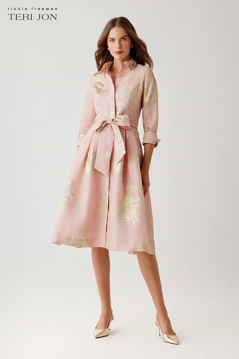 Teri Jon Metallic Floral Jacquard Shirt Waist Dress Size 0