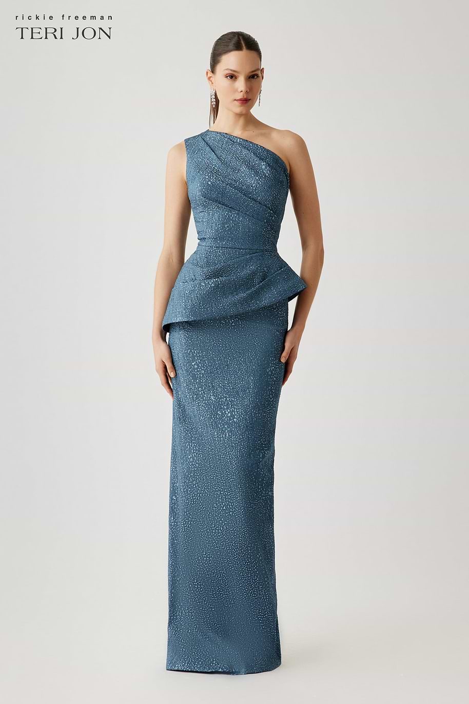 Teri Jon Metallic Jacquard One-Shoulder Peplum Gown - Steel Blue