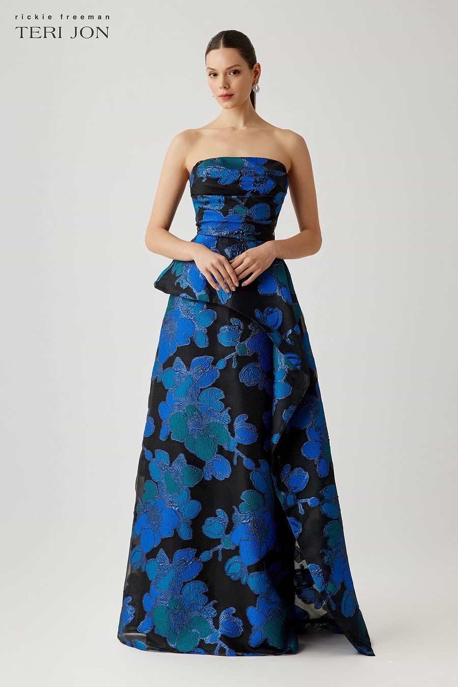 Teri Jon Strapless Organza Jacquard Draped Bodice Peplum Gown Size 20