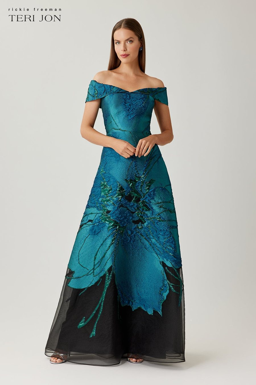 Teri Jon Jacquard Organza Off Shoulder A Line Gown Size 8