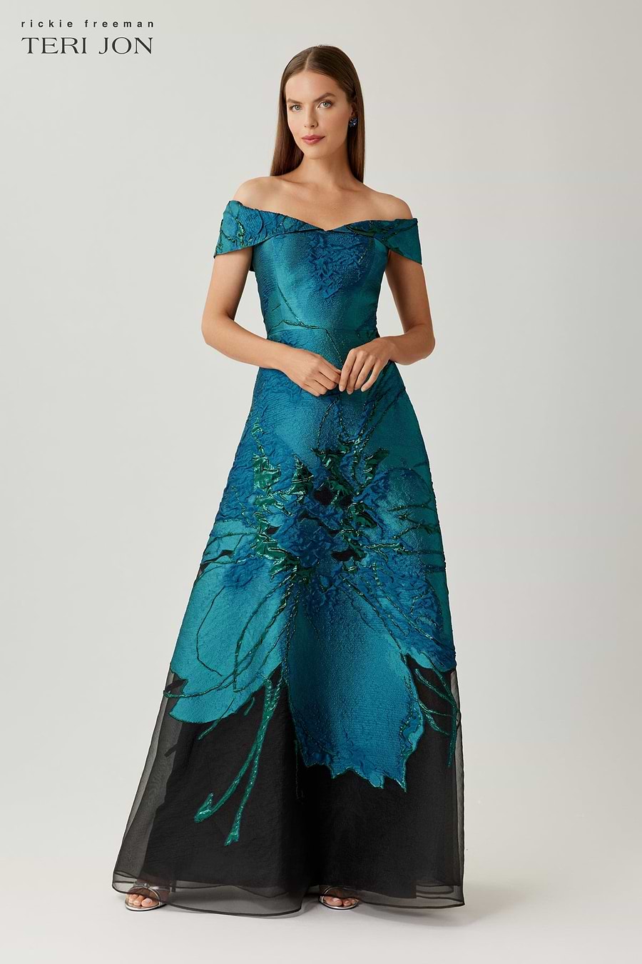 Teri Jon Jacquard Organza Off Shoulder A Line Gown Size 8