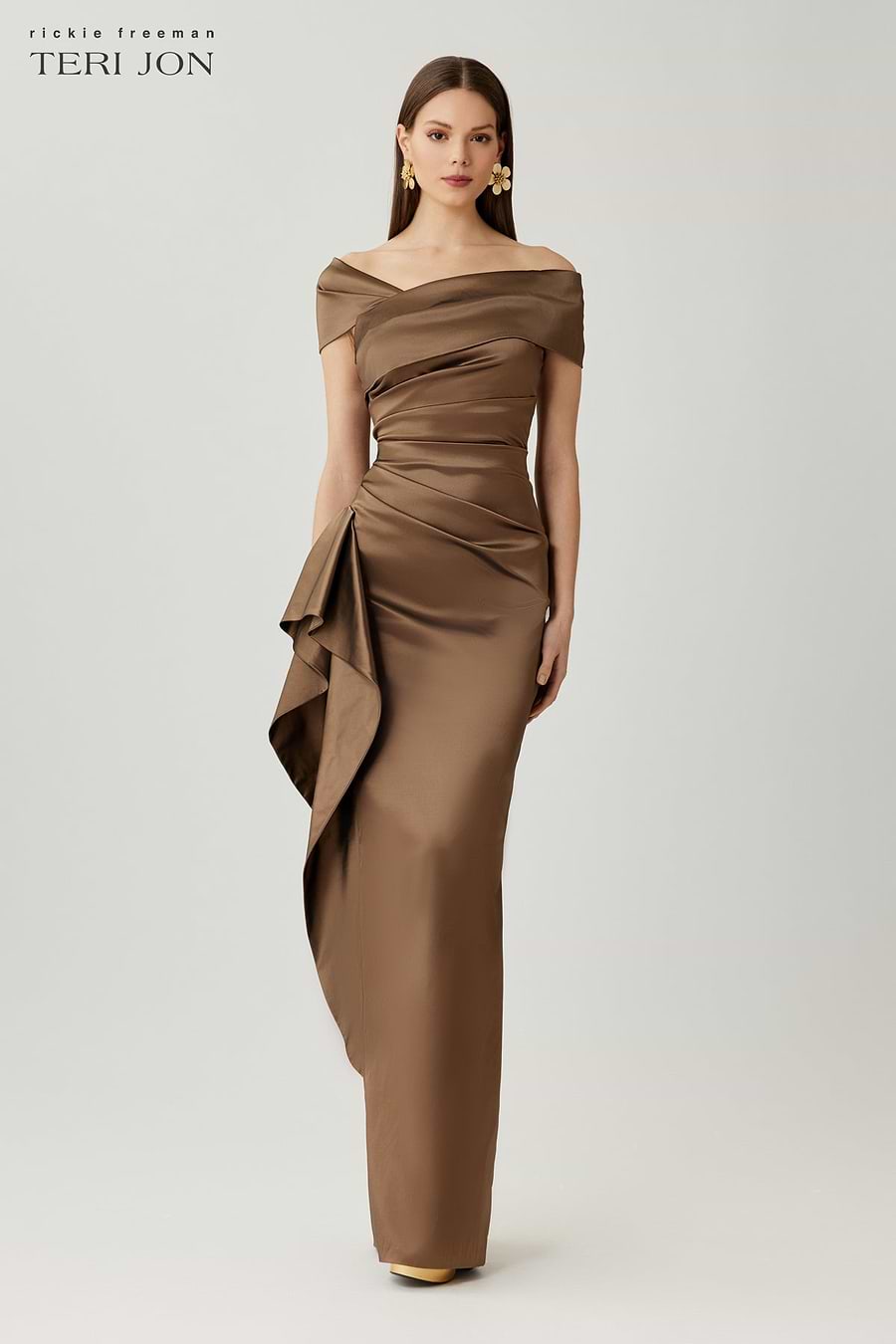 asymmetric off the shoulder dress White Plan off-shoulder Gathered Viscose Floor Length draped nude 24.5 waist UO Happy Hour Asymmetrical Off-The-Shoulder