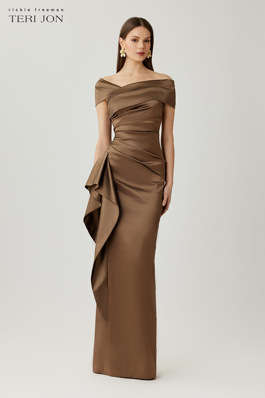 Teri Jon Stretch Taffeta Asymmetrical Off The Shoulder Side Ruffle Gown Size 18