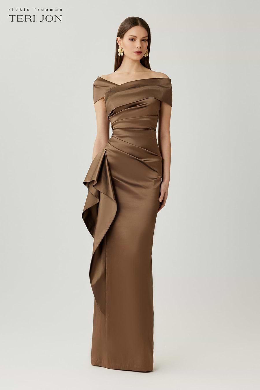 Teri Jon Stretch Taffeta Asymmetrical Off The Shoulder Side Ruffle Gown Size 18