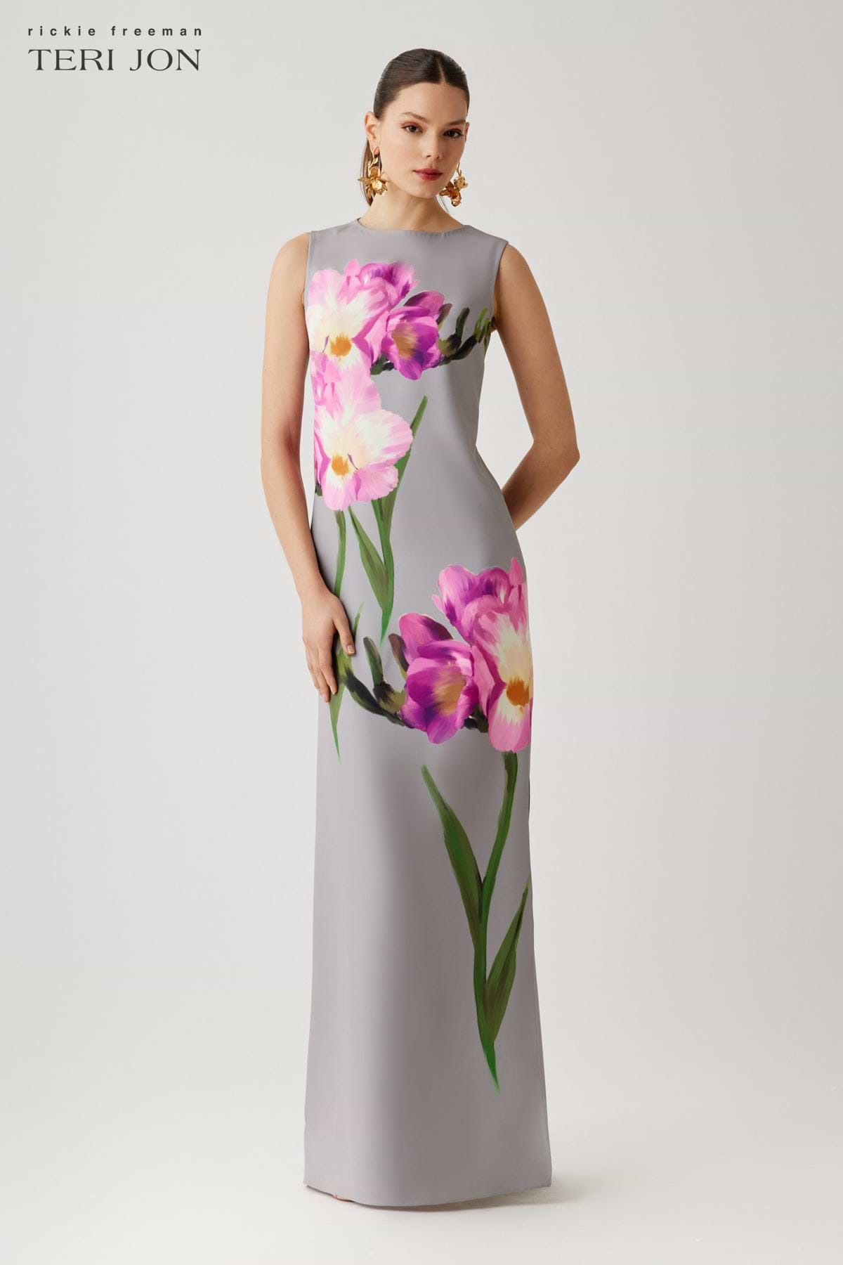 Rickie Freeman for Teri Jon Sleeveless Floral-Print Scuba Column Gown, Grey Multi, Women's, 14