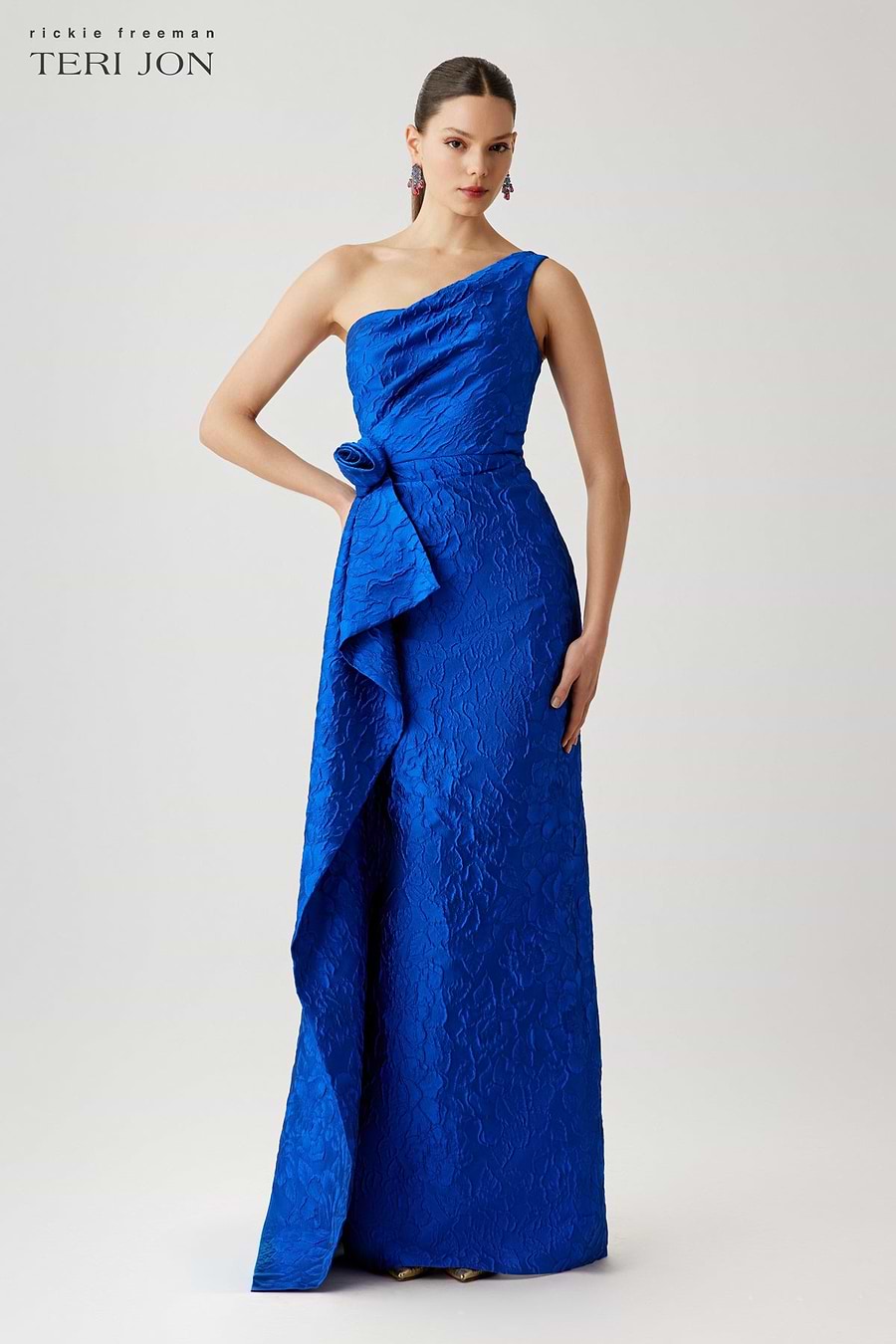 Teri Jon By Rickie Freeman Women's Jacquard One Shoulder Gown - Blue - Size 6