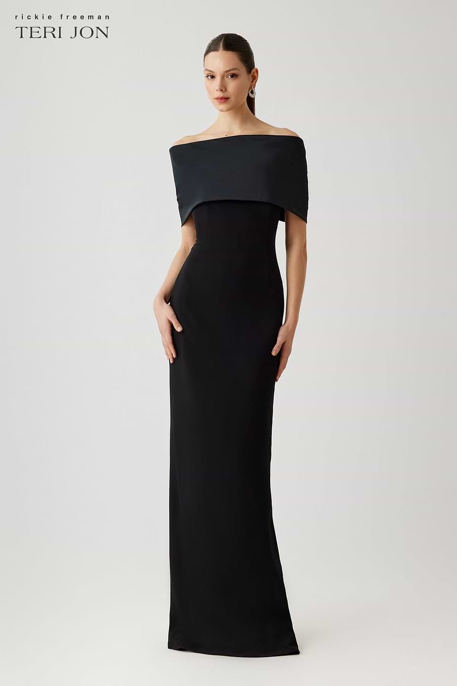 Teri Jon Crepe Strapless Gown With Separate Taffeta Wrap Size 8