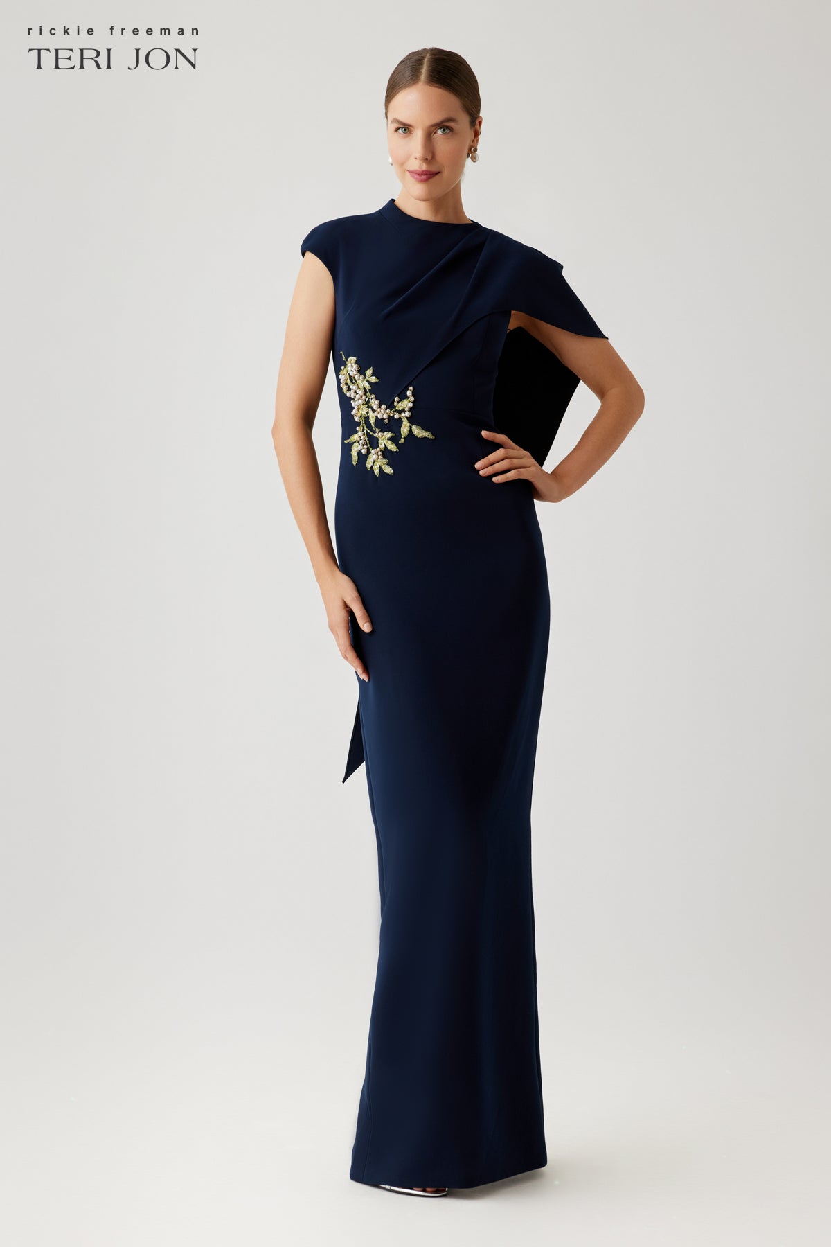 Teri Jon By Rickie Freeman Women's Crepe Asymmetric Capelet Pearl Applique Waist Trim Gown - Blue - Size 12