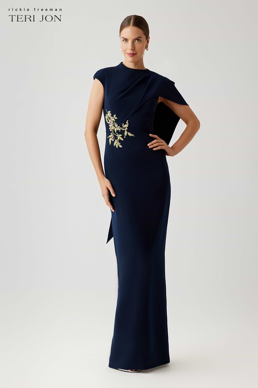 Teri Jon By Rickie Freeman Women's Crepe Asymmetric Capelet Pearl Applique Waist Trim Gown - Blue - Size 12