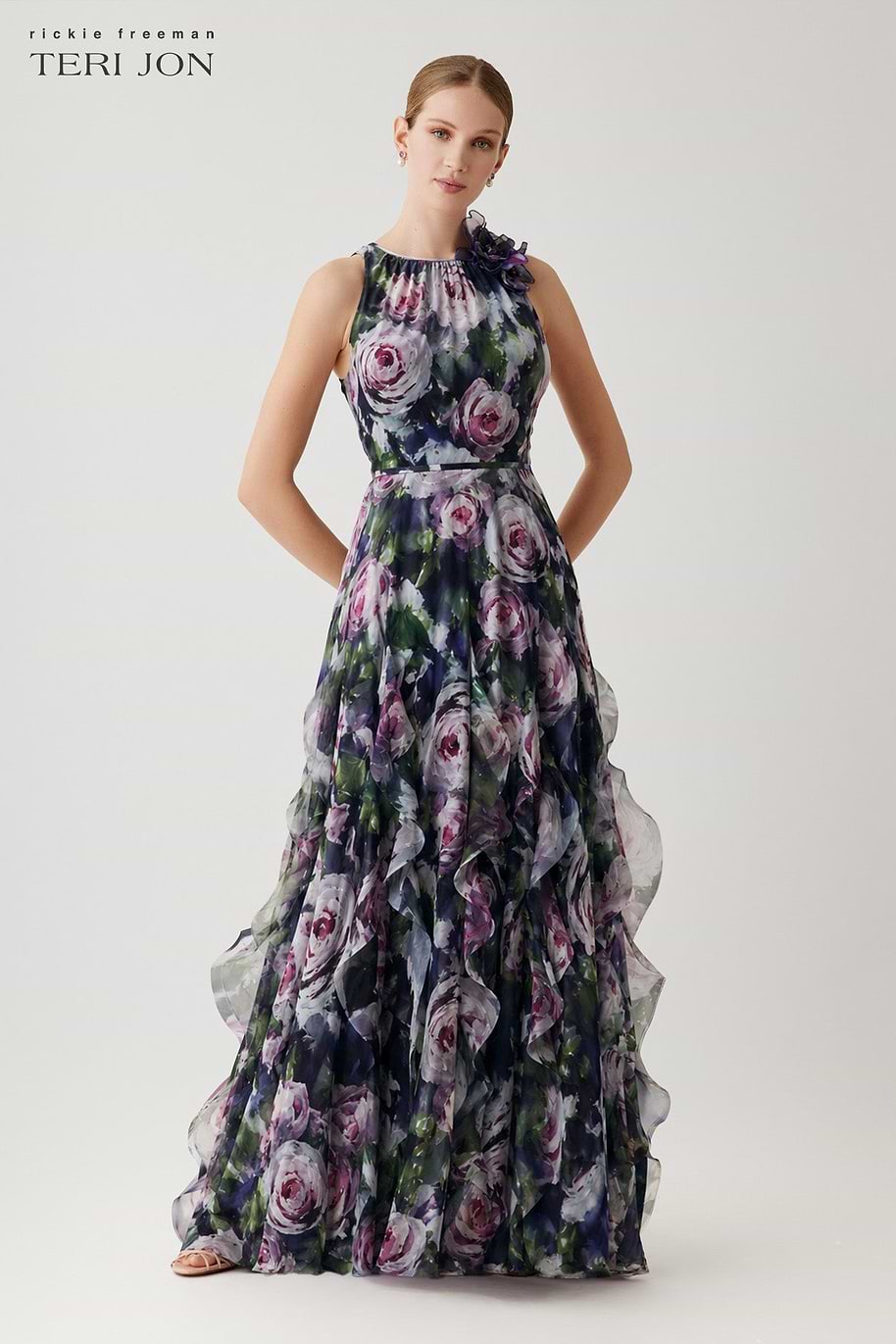 Teri Jon Chiffon Halter Organza Ruffle Skirt Gown Size 0