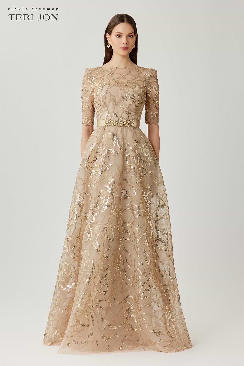 Teri Jon By Rickie Freeman 's Sequin Embroidered Tulle Gown - Gold
