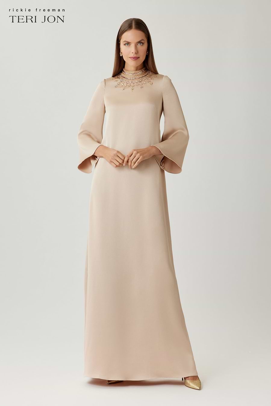Teri Jon Satin Beaded Collar Flare Sleeve Gown Size 2