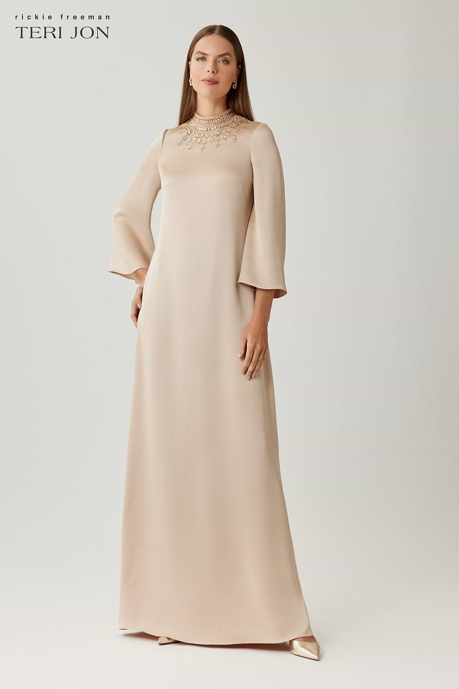 Teri Jon Satin Beaded Collar Flare Sleeve Gown Size 2