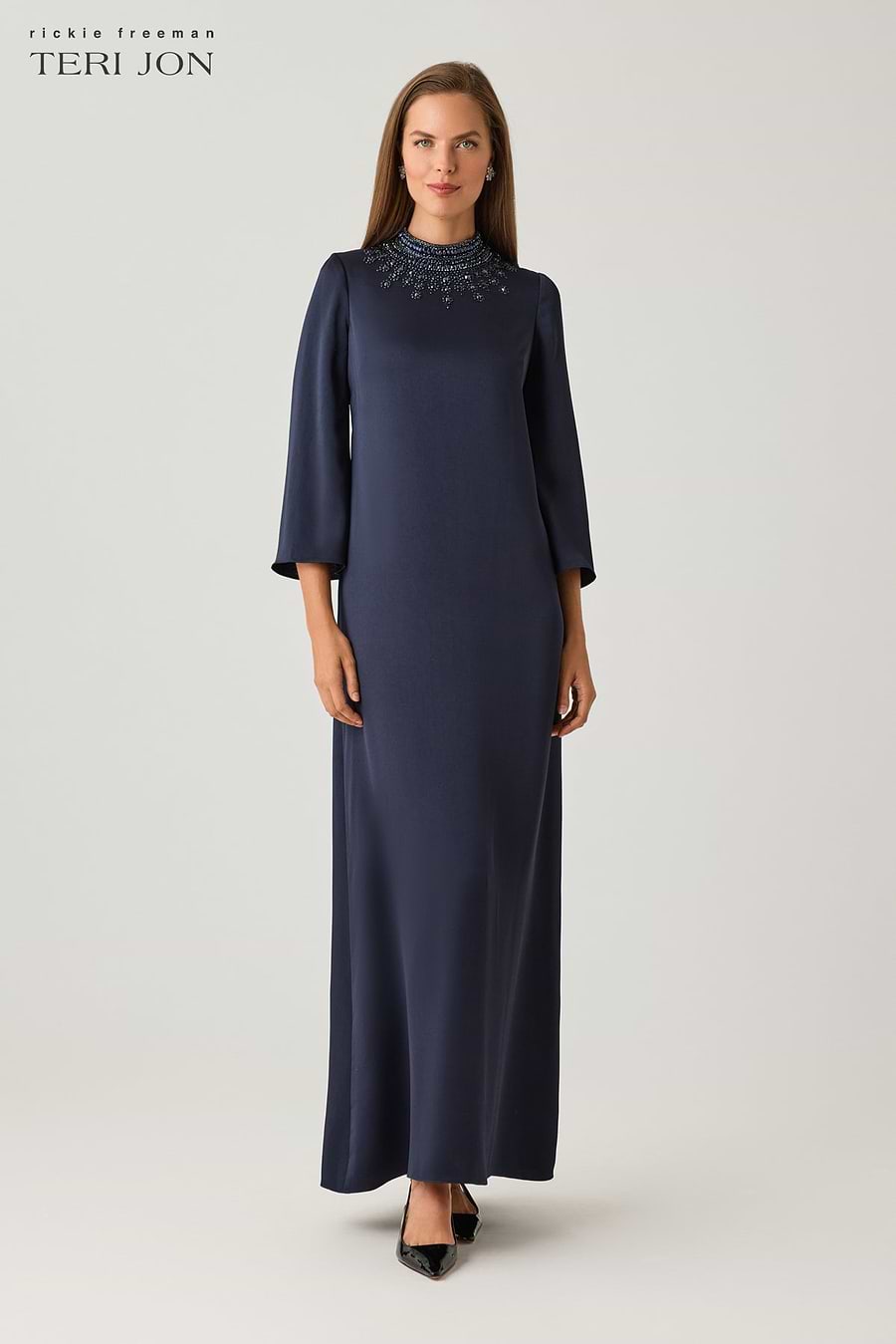 Teri Jon Satin Beaded Collar Flare Sleeve Gown Size 0