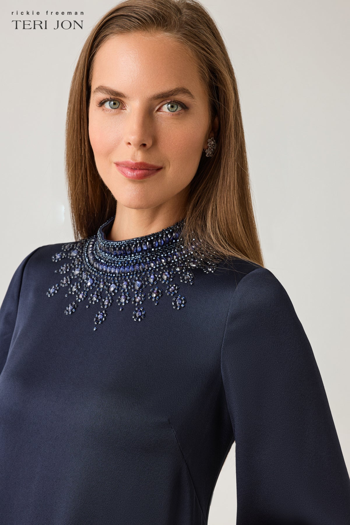 Satin Beaded Collar Flare Sleeve Gown –