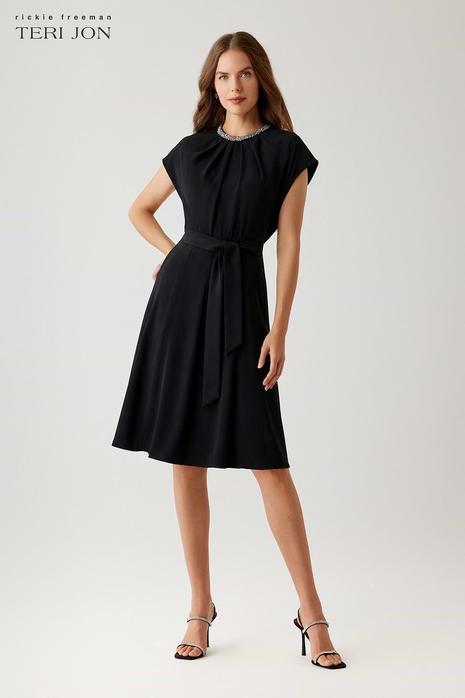 Teri Jon By Rickie Freeman Women's Crepe Necklace Trim Capelet Sleeve Drape Dress - Black