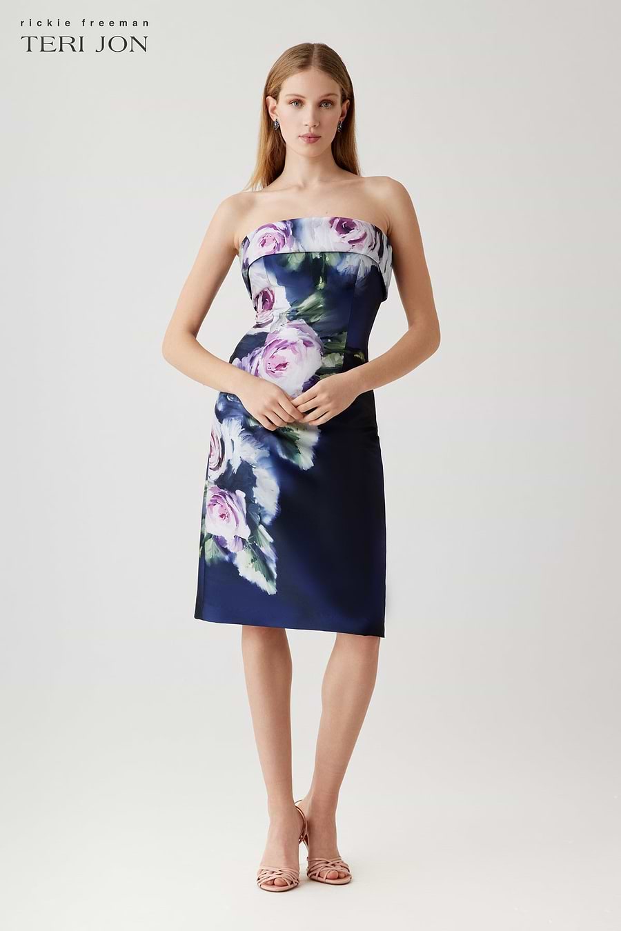 Rickie Freeman for Teri Jon Sleeveless Floral-Print Mikado Dress, Blue Multi, Women's, 16
