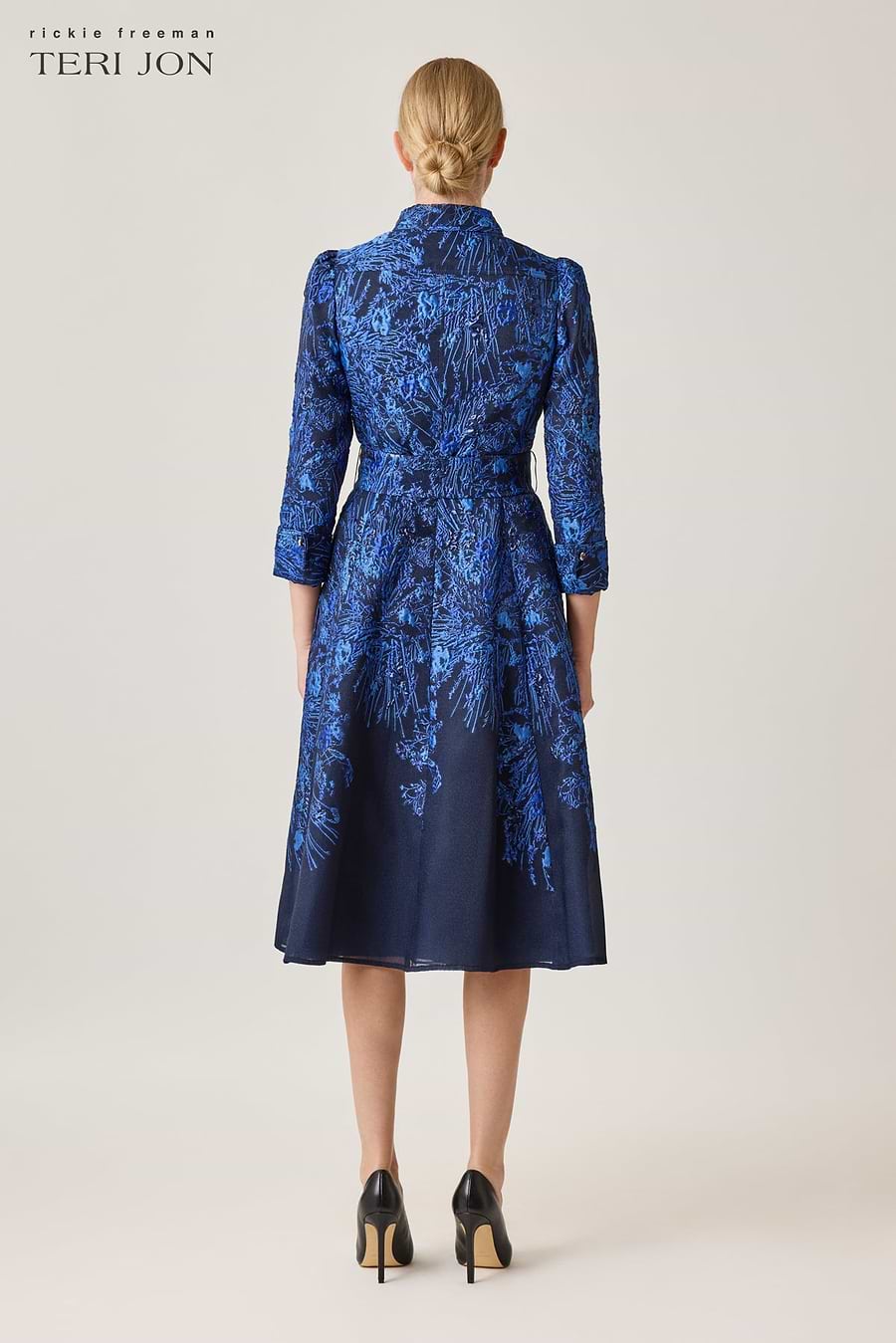 Rickie Freeman for Teri Jon Metallic Jacquard Organza Midi Shirtdress, Royal Multi, Women's, 18