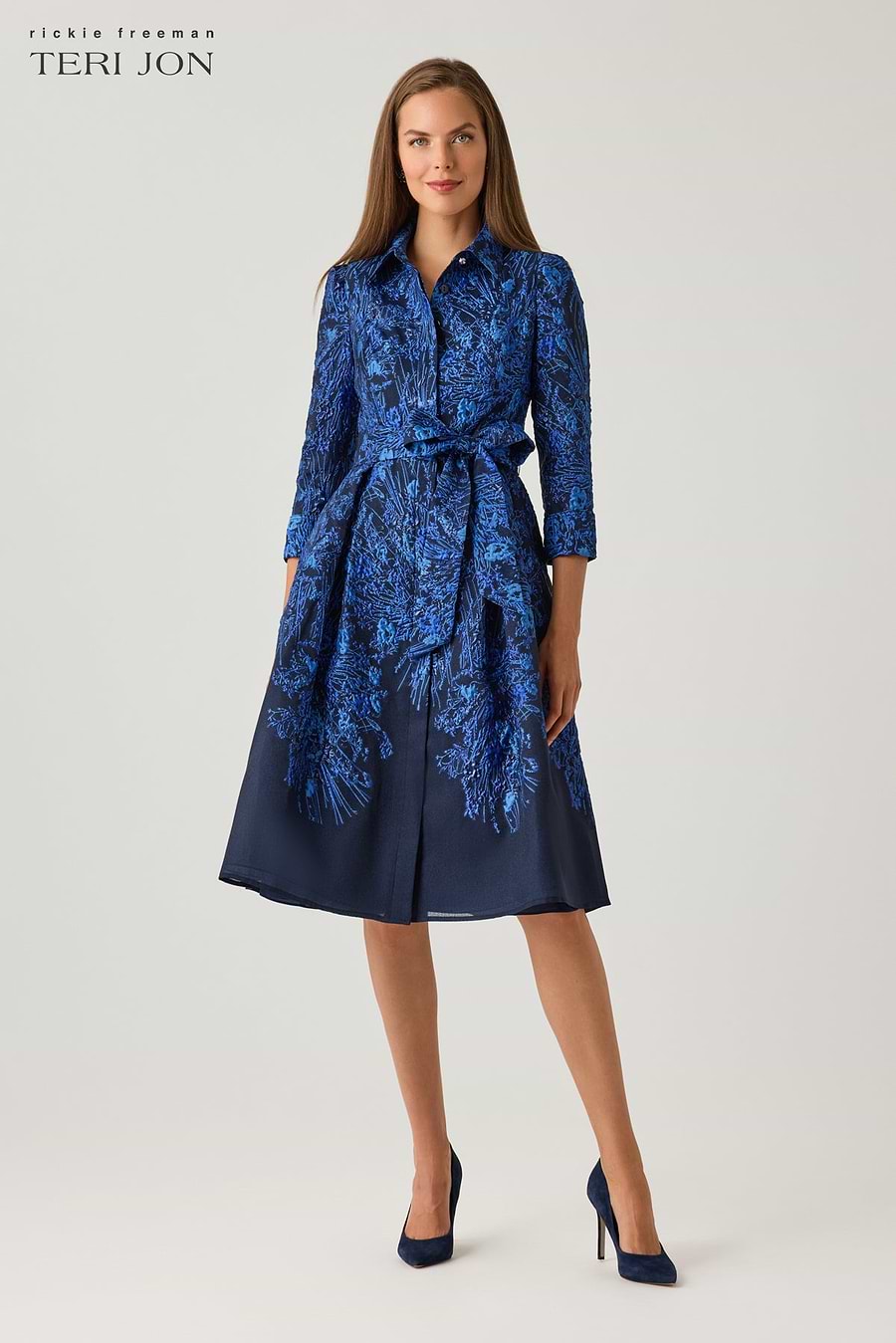 Rickie Freeman for Teri Jon Metallic Jacquard Organza Midi Shirtdress, Royal Multi, Women's, 18