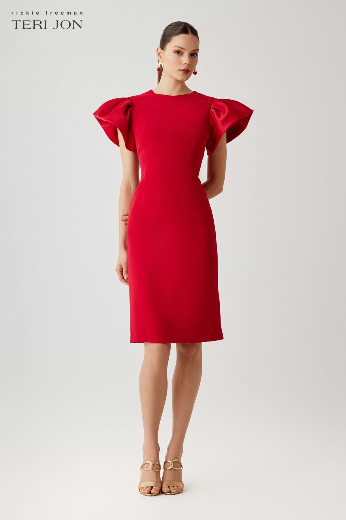 Teri Jon Crepe Sheath Dress With Satin Flounce Short Sleeves Size 2