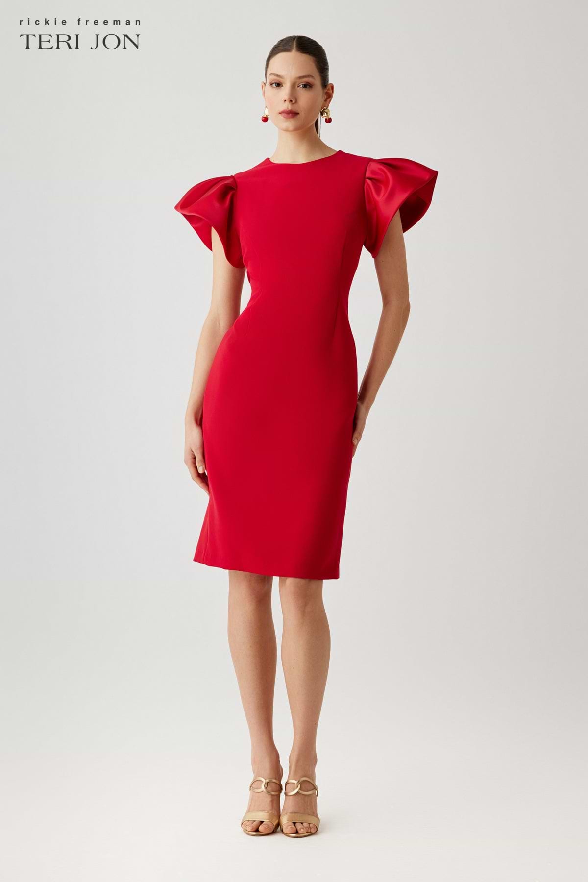 Teri Jon Crepe Sheath Dress With Satin Flounce Short Sleeves Size 22