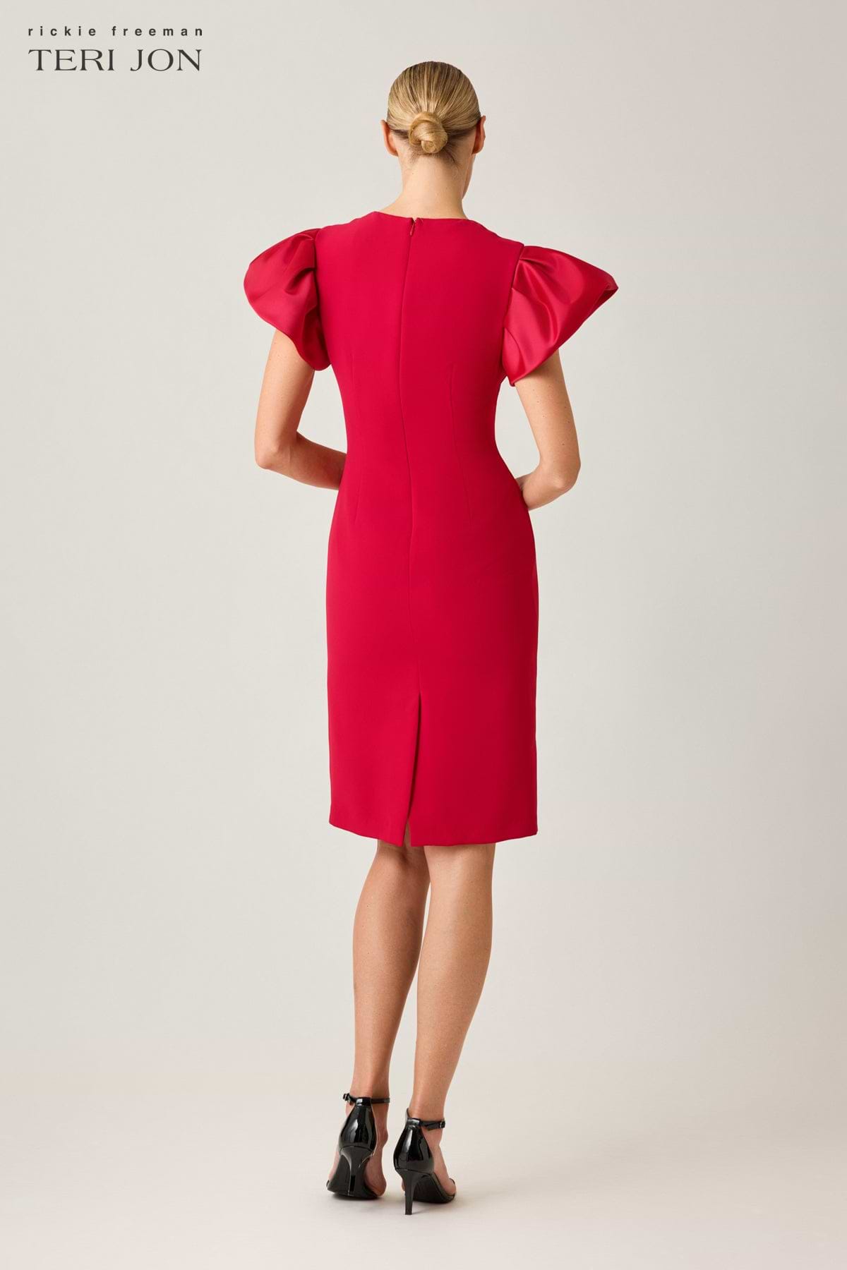 Teri Jon Crepe Sheath Dress With Satin Flounce Short Sleeves Size 22