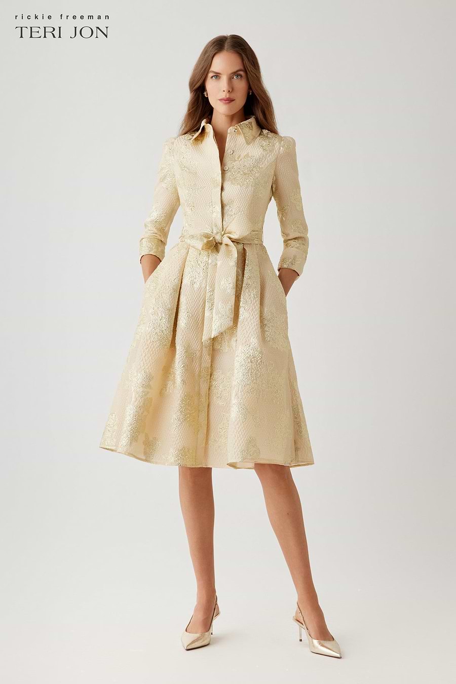 Rickie Freeman for Teri Jon Pleated Metallic Jacquard Midi Shirtdress, Gold, Women's, 4