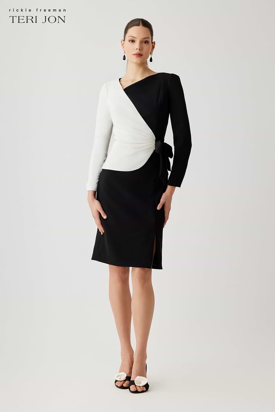 Teri Jon Long Sleeve Crepe Side Drape Self Bow Sheath Dress Size 18