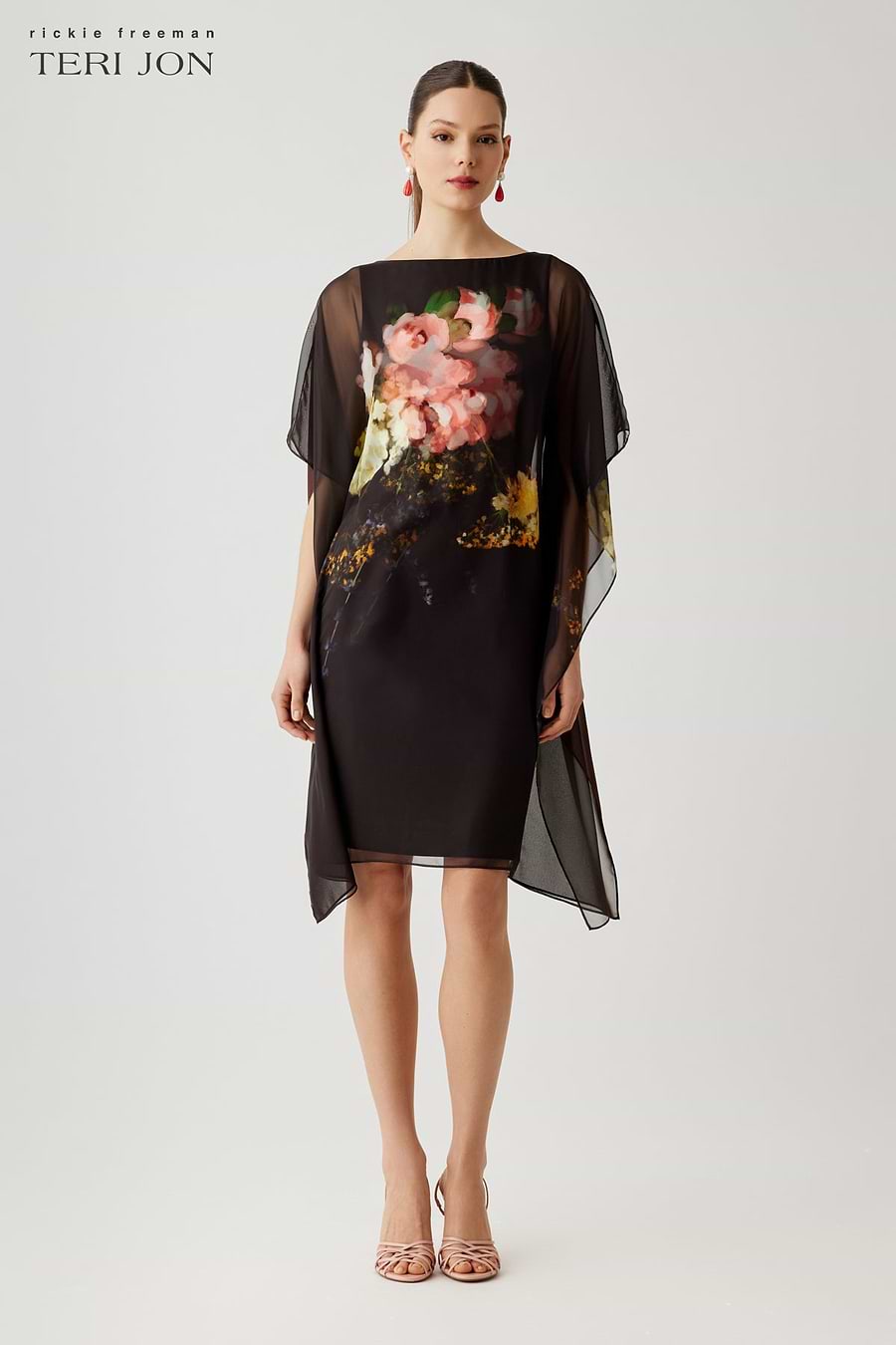 Teri Jon Chiffon Print Caftan Overlay Dress Size 12