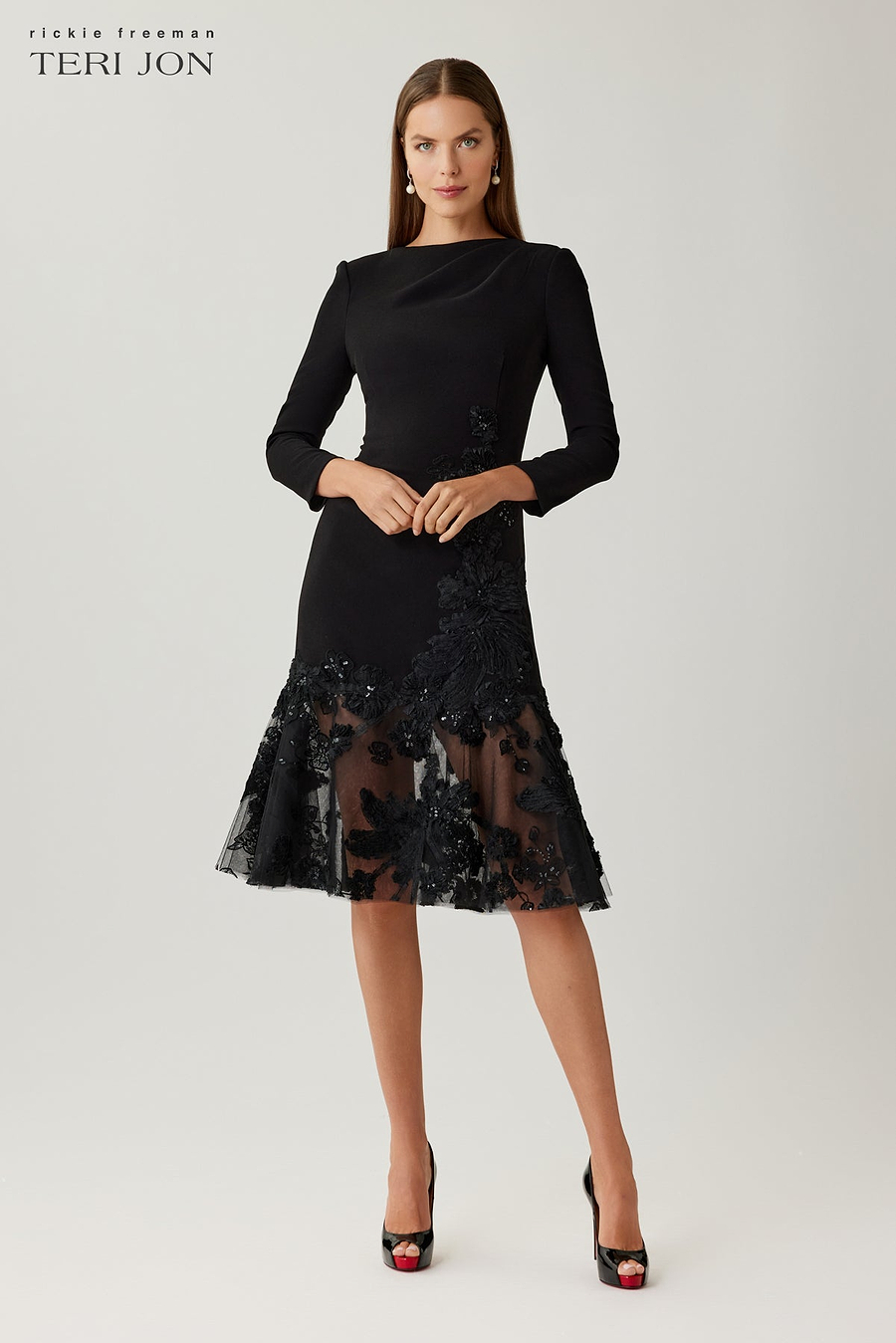 Crepe Lace Trim Tea Length Dress – Terijon.com