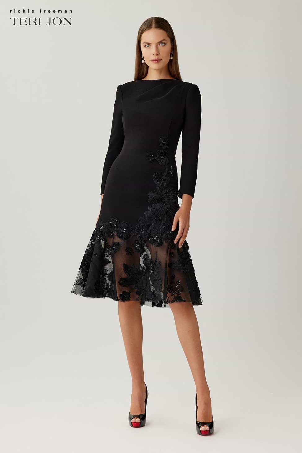 Crepe Lace Trim Tea Length Dress – Terijon.com