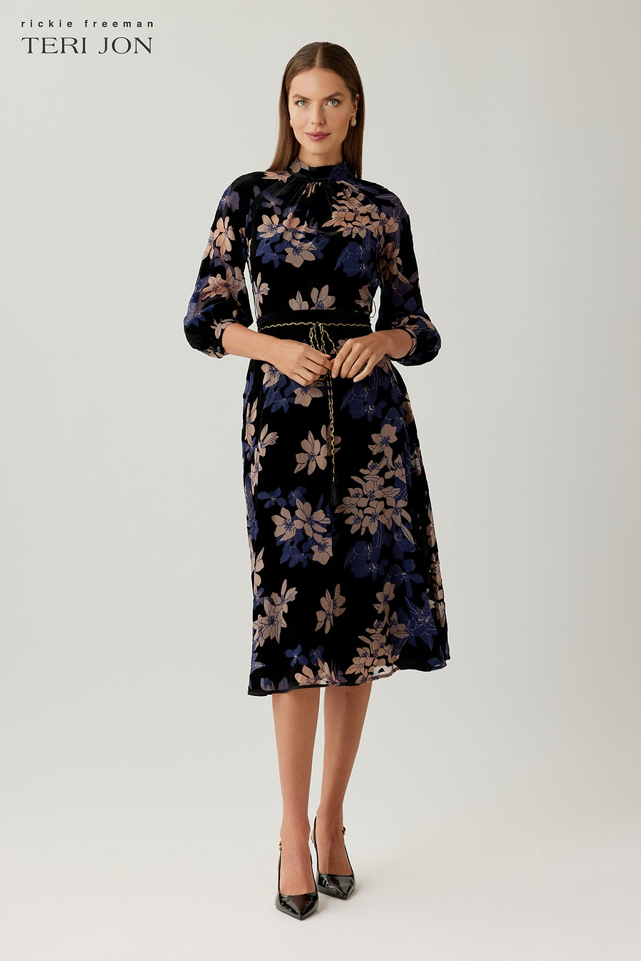 Velvet Floral Burnout Midi Dress –