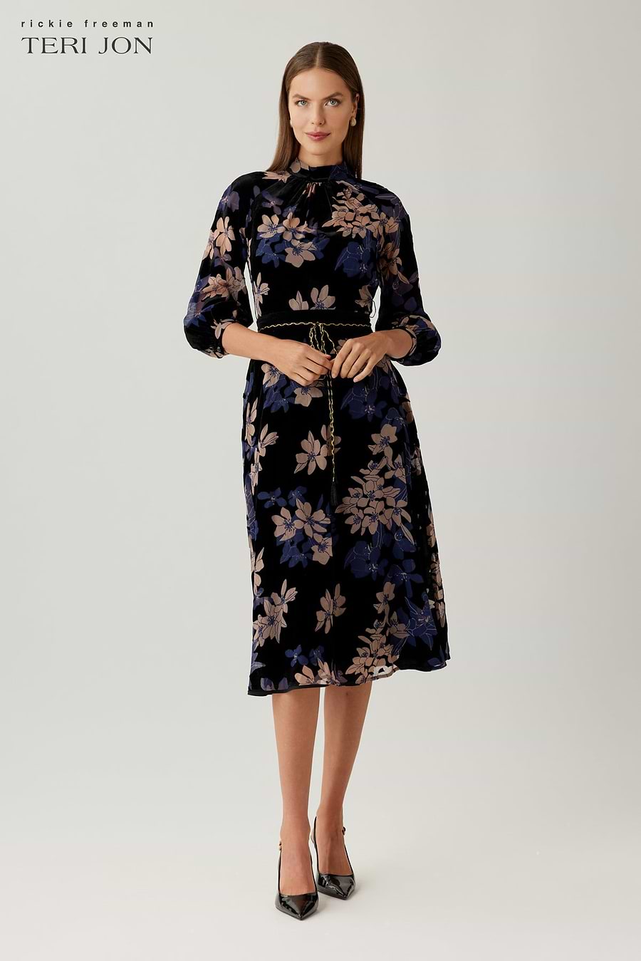 Velvet Floral Burnout Midi Dress –