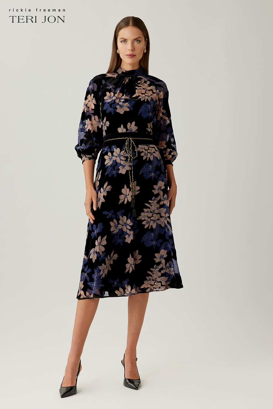 Velvet Floral Burnout Midi Dress –