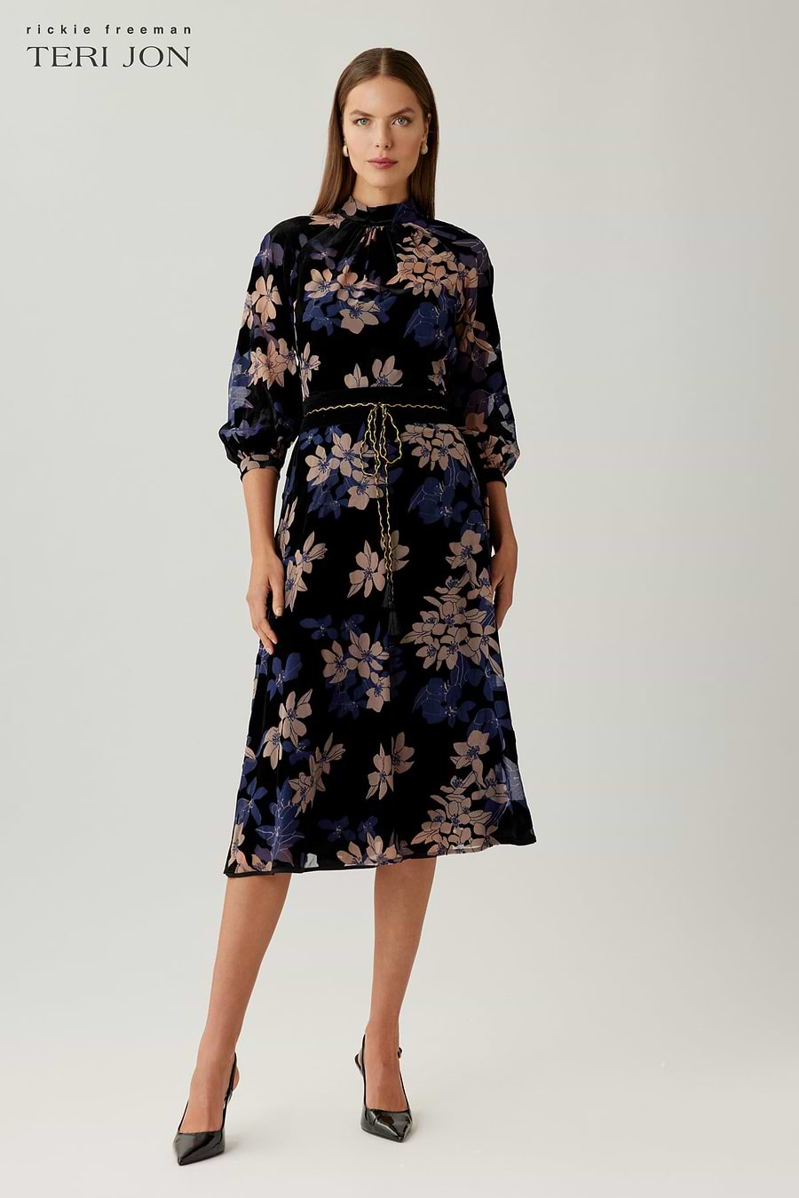 velvet burnout dress midi dress long sleeves Mac Duggal - Dark Blue Sleeve The Angela Black Velvet Burnout Long Sleeve Maxi is a subtly sexy number perfect for a holiday party Black Burnout Velvet Long Sleeve