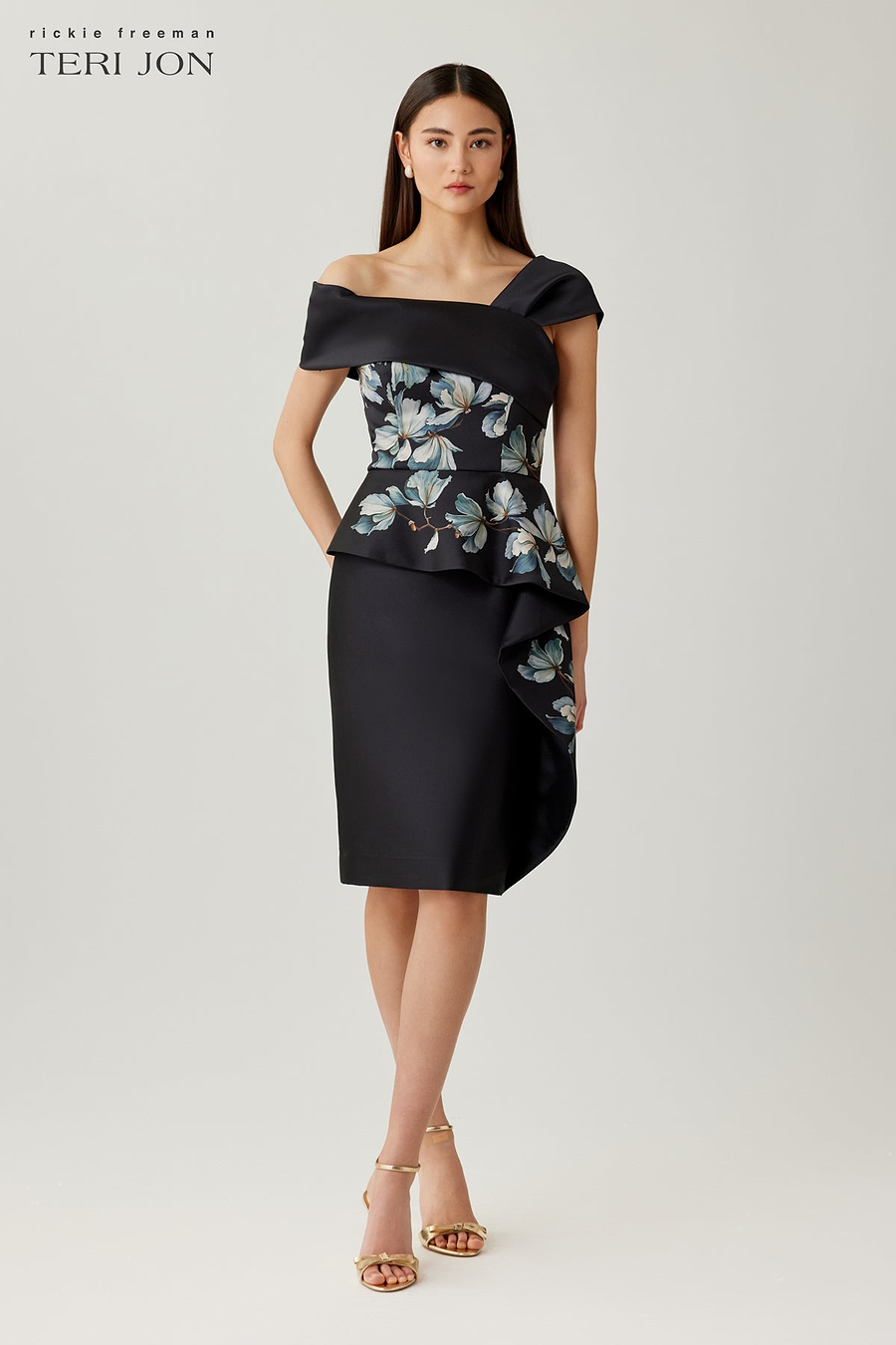 Teri Jon By Rickie Freeman Women's Mikado Floral Peplum Dress - Black - Size 14
