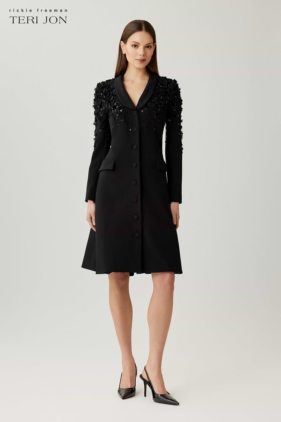 Embellished Tuxedo Coat Dress –