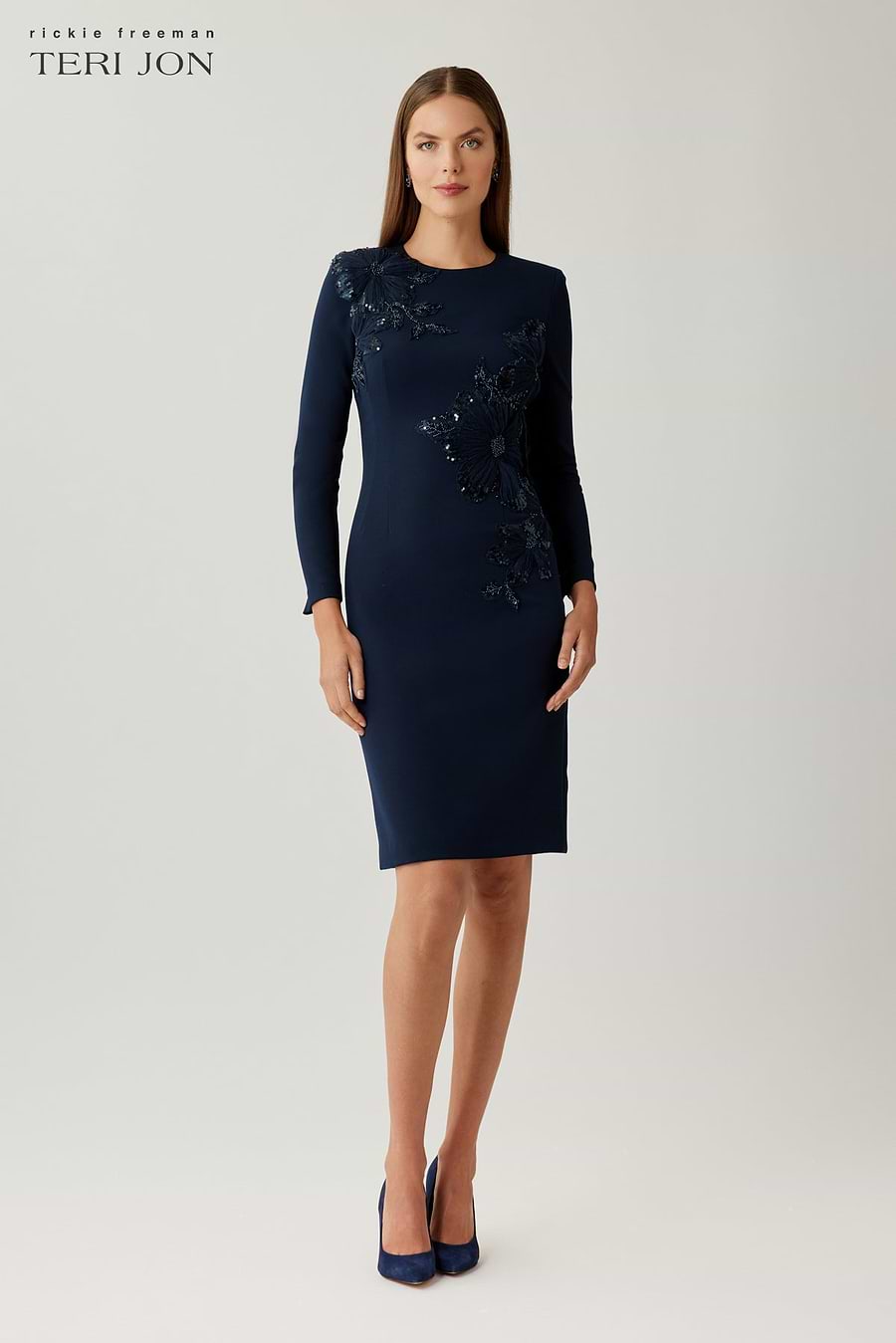 Beaded Applique Crepe Sheath Dress –