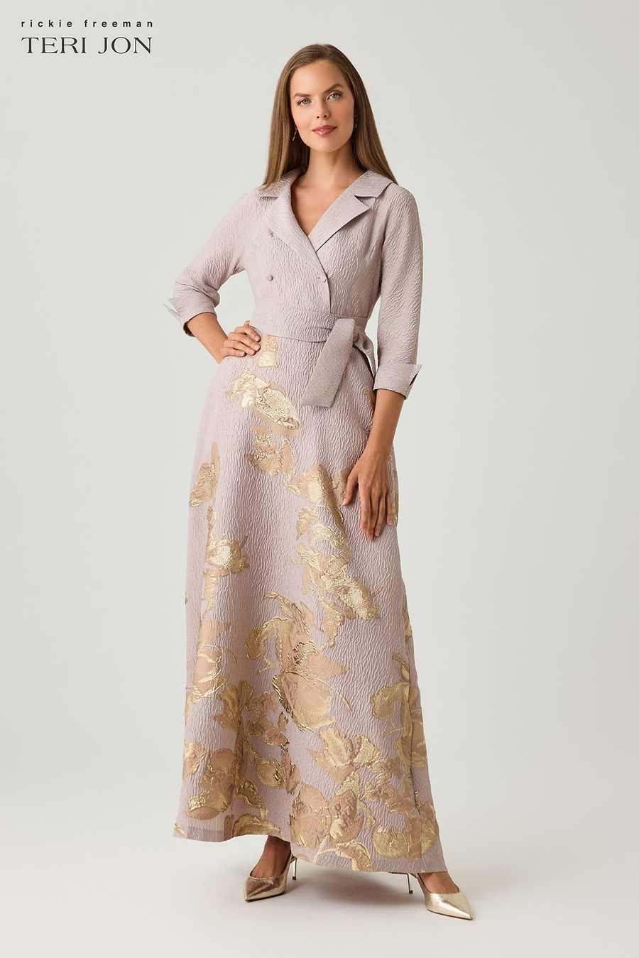 Teri Jon Textured Metallic Jacquard Floral Shirt Waist Gown Size 0