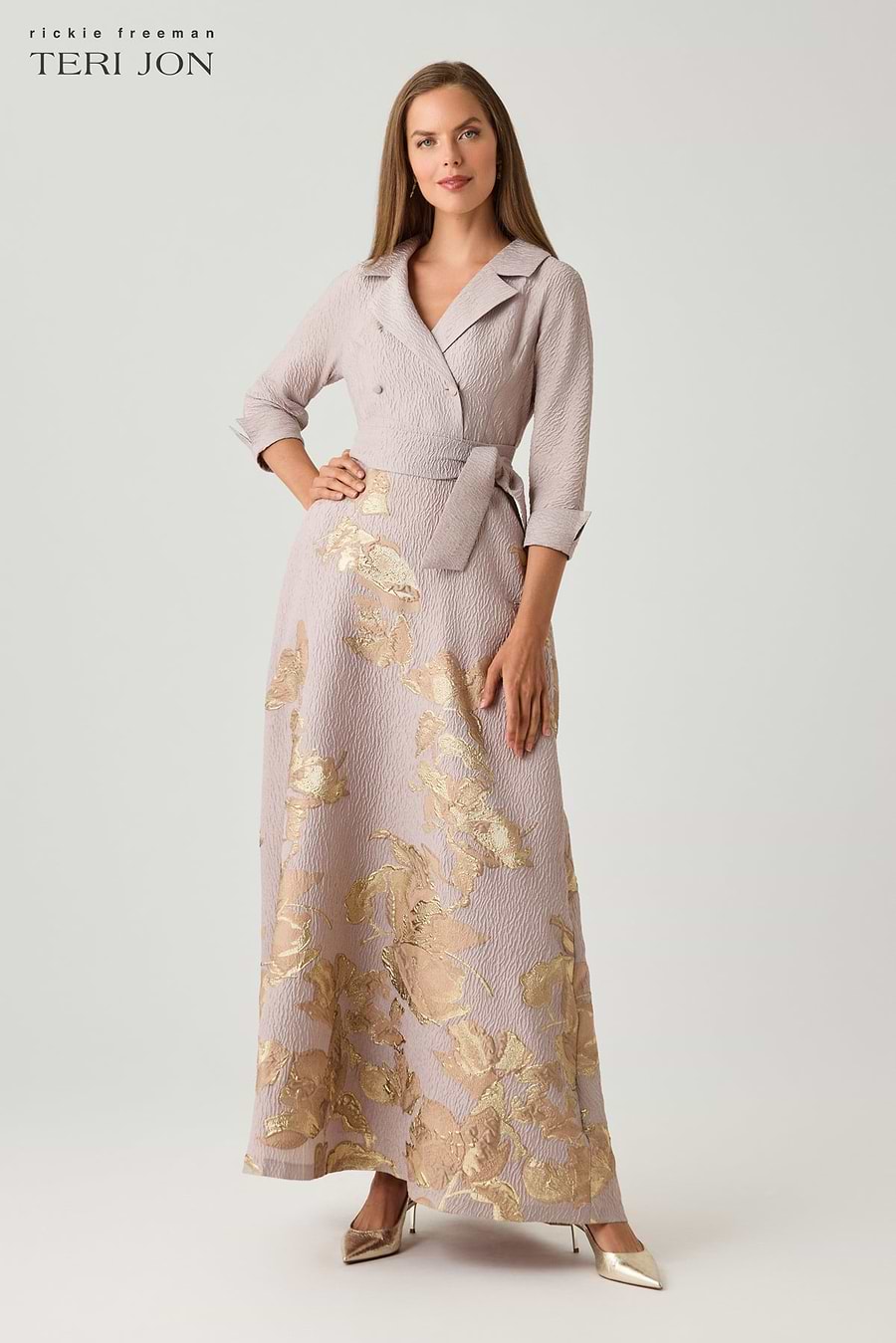 Teri Jon Textured Metallic Jacquard Floral Shirt Waist Gown Size 0